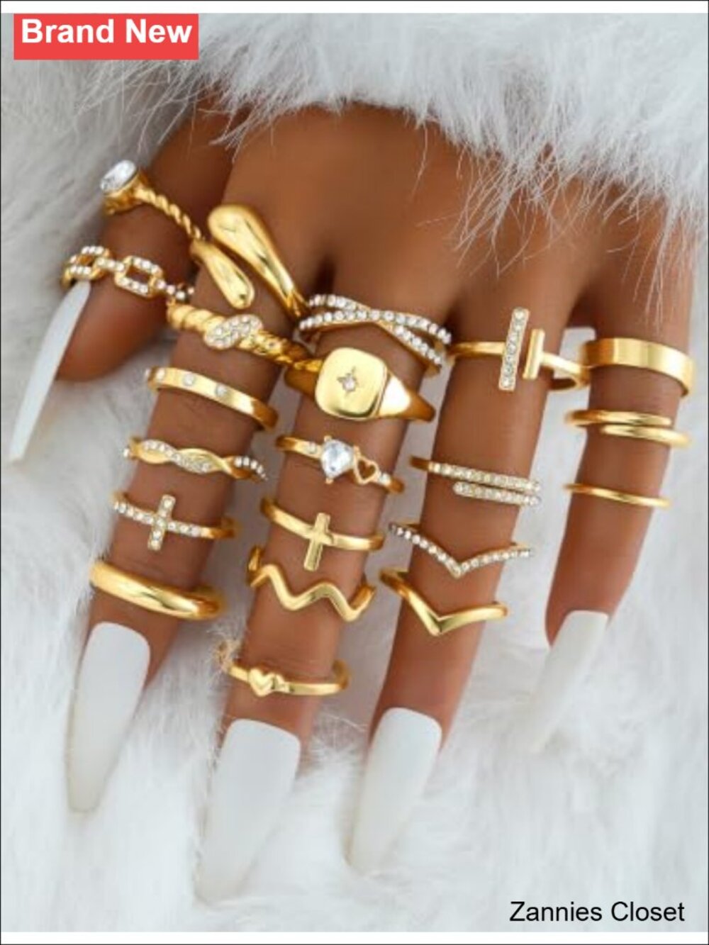 💍 21pc Stackable Rings Set Gold Plated Chunky Crystal Statement Rings for - Picture 4 of 6